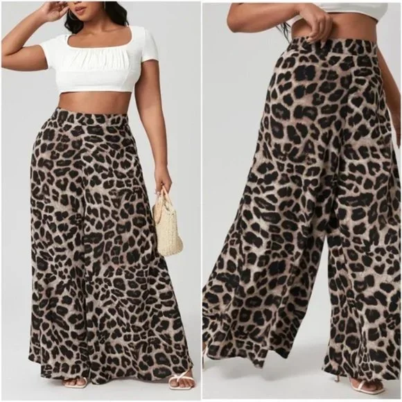 REG or PLUS  Camel leopard print wide leg palazzo - Picture 2 of 12